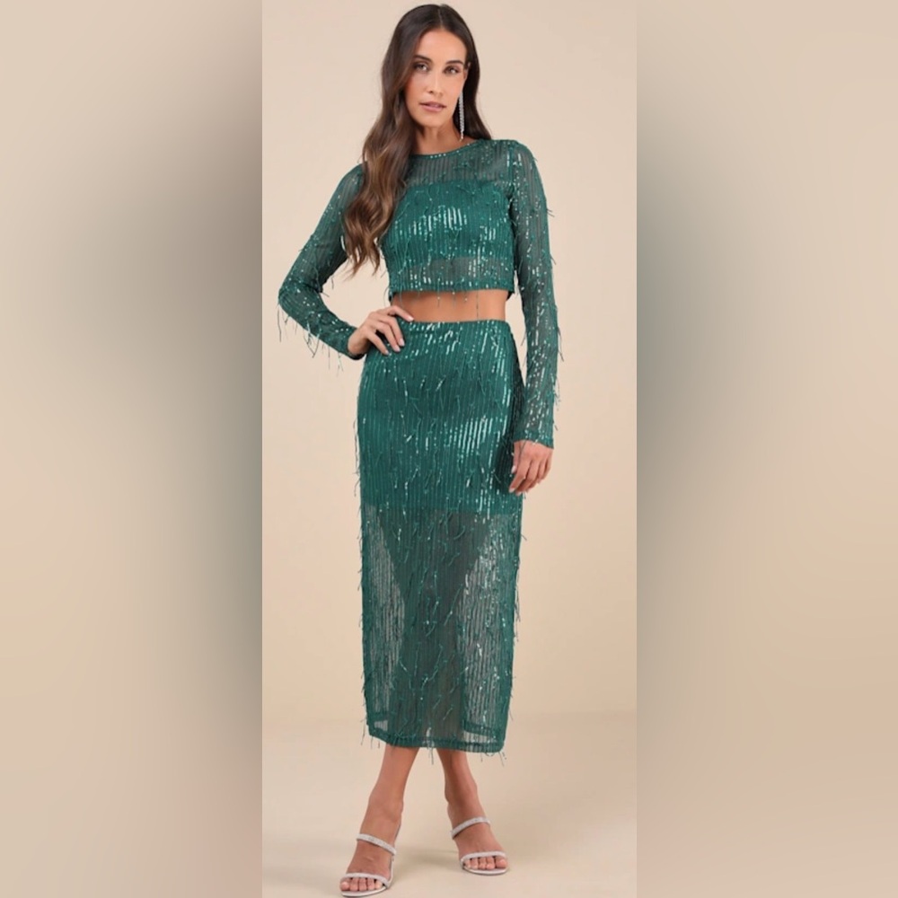 Lulus Greatest Sparkle Green Mesh Sequin Fringe Two-piece Midi - SMALL